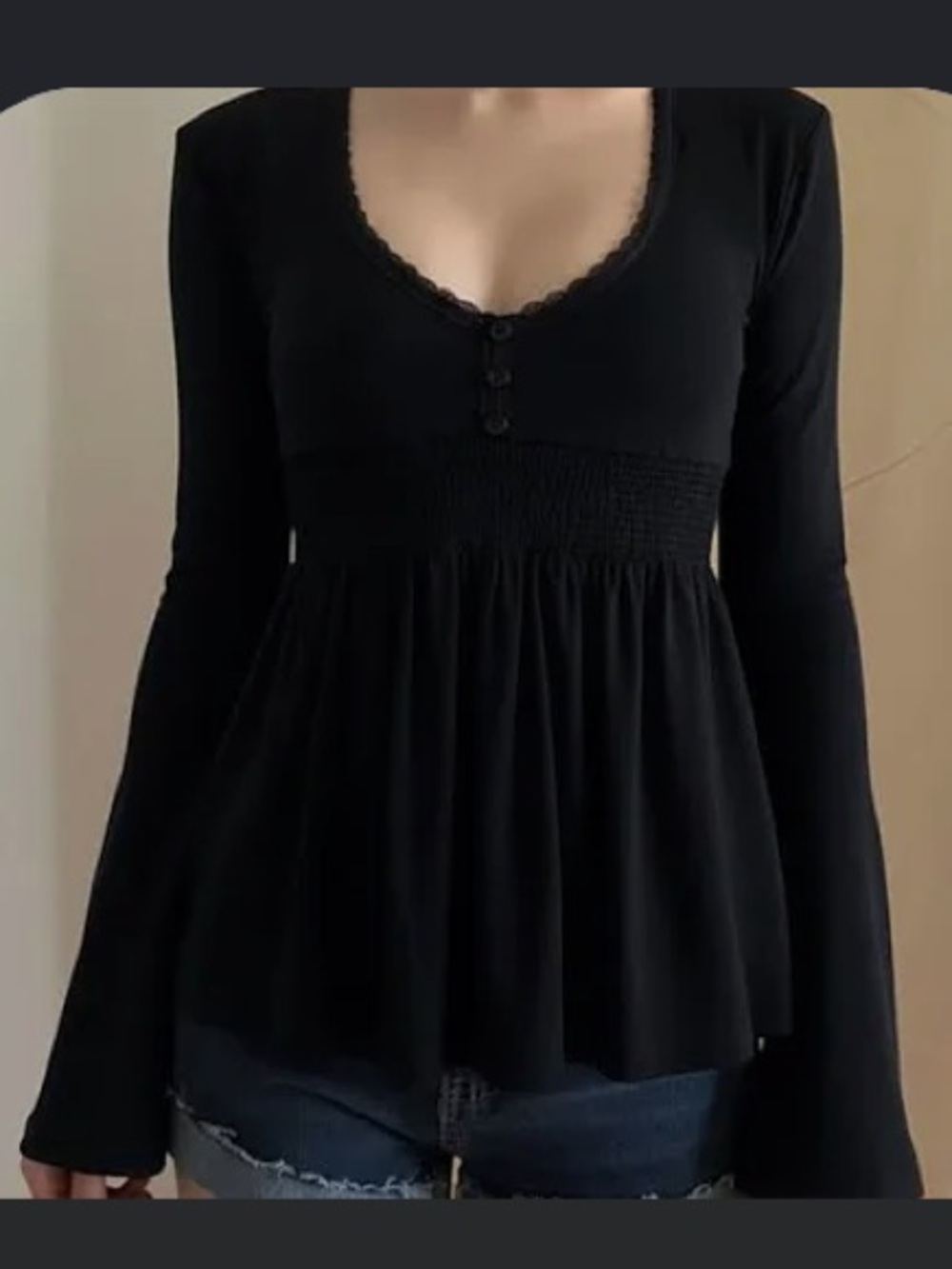 Black Long-Sleeve Lace Trim Smocked Waist Blouse